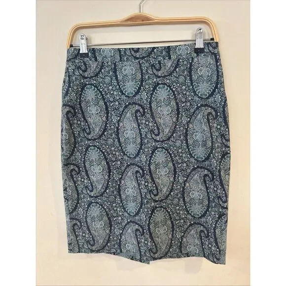 J Crew Paisley Blue Size 4 Knee Length Skirt Women's Pencil Skirt - Picture 2 of 7